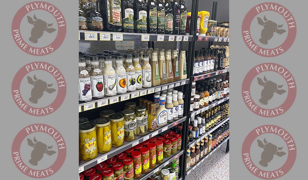 dressings and pickled products on a shelf