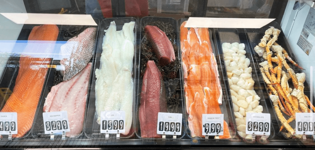 full display of fresh seafood