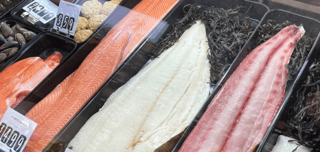 fresh whitefish behind glass