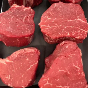 Steak filets on display