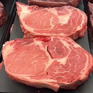 Ribeye steaks on display